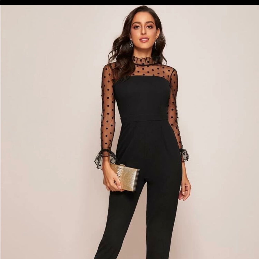 SHEIN Ruffle Trim Mesh Jumpsuit